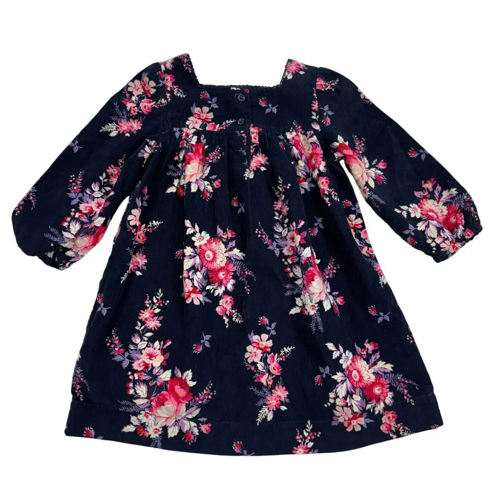 Baby GAP Toddler Girl Corduroy Floral Dress Navy Blue Pink 3T NWT Long Sleeve